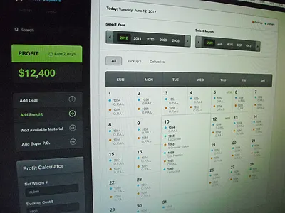 Calendar app application black calendar chart drop down green ui ux
