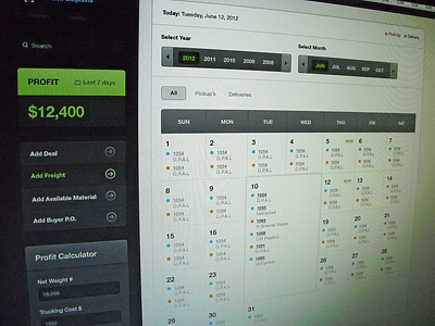 Calendar app application black calendar chart drop down green ui ux