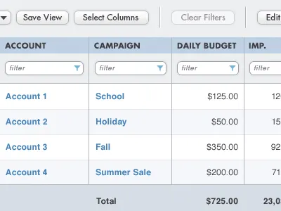Account Management cms grid table ui design