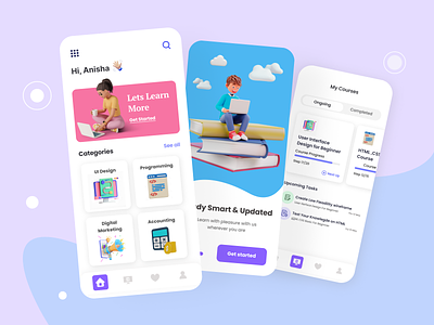 E-Learning App UI Design 3d illustration assigment best e learning app best ux clean and minimal clean design college courses e learning app e learning mobile app e learning platform edtech education school skill skill learning app study ui ui design university
