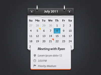 Calendar with event preview [psd freebie] app calendar dark download event event calendar free freebie gui highlight modern psd shadow ui web widget