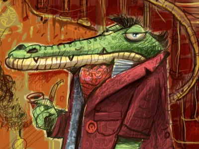 M.R. Prickles alligator amphibian character design childrens book humorous illustration pipe playboy pool scaly sketch smoking stairs tobacco