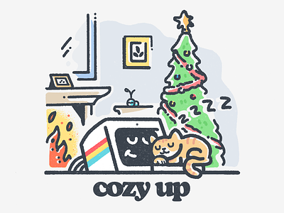 Cozy Up cat cats christmas christmas tree computer cozy cuddle fireplace holidays ibm illustration kitten kitty pc procreate tree xmas