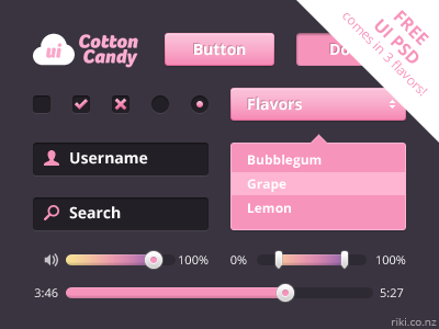 Freebie UI PSD button check check box check mark checkbox checkmark cotton candy dropdown free freebie pink psd purple radio button search slider text field textfield timeline ui username volume yellow