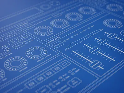 Synth Desktop Hardware Wireframe blue blueprint bluuuuuuue knob led slider synth wireframe