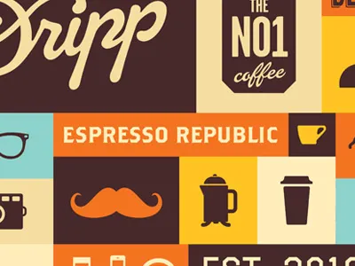 Dripp Brand Pattern bar bean beverage bike cafe camera coffee dripp espresso fixed flag food french press glasses goat ice cream icon illustration iphone mobile mug music mustache packaging palm pattern republic shop tea wifi