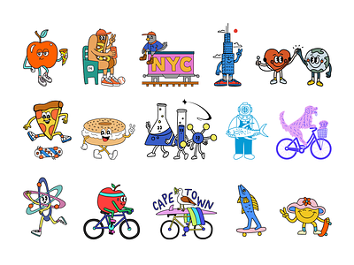 Mascot's of 2022 apple atom bagel bike character chicago dog earth fish hot dog illustration mascot merch design new york pigeon pizza science smiley t shirt workout
