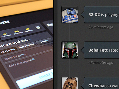 Dashboard and Activity Feed activity app avatar blue button dark feed game input ipad noise note play playing rate review search share textarea texture ui video game web app