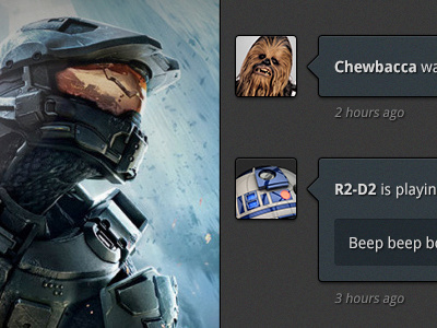 Game page app avatar blue button design feed follow game gaming halo icon interface rate share ui update web