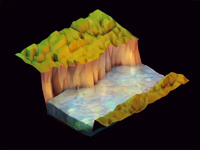 Water Lights 3d ao c4d cinema 4d cliff creek grass iso isometric landscape lights low poly lowpoly model polygons render river water