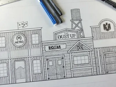 Stage Banner backdrop banner chicago illustration old west pen and ink