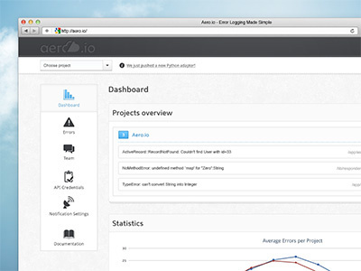 Aero.io Dashboard aero application cloud dashboard error logging app sky
