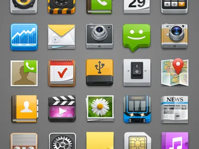 Some not approved icons book calculator calendar card gear icons mail map news paper phone photo sim speaker switch