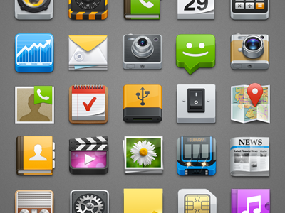 Some not approved icons book calculator calendar card gear icons mail map news paper phone photo sim speaker switch