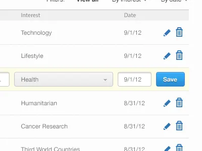 Inline editing delete dropdown edit form icon inline input select table trash