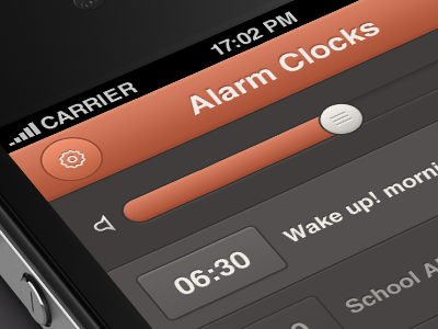 Alarm Clock iPhone App abu dhabi alarm app app design application arabic brown clean design clock design dubai emirates freelance designer icon icons ios ipad iphone mockup orange slider uae ui user experience ux vibrant volume website
