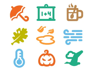 Autumn Associations. autumn bird fall glyph icon mug pumpkin rain school shape umbrella vector wind