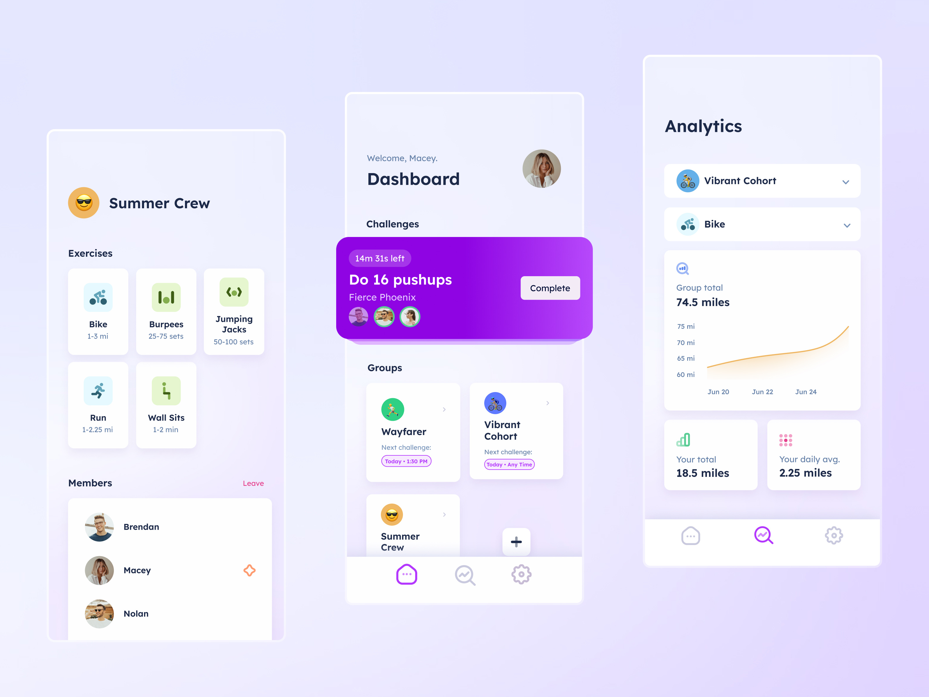 Sporadic iOS app app app icon challenge exercise fit fitness friends graphs ios motion graphics purple social ui ux