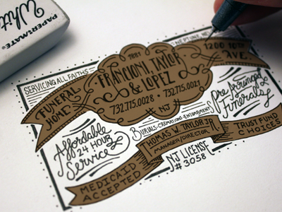 Francioni, Taylor & Lopez Funeral Home custom flourish handmade label lettering ornamentation script type typography victorian vintage