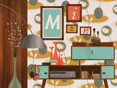 Mine digital furniture illustration interior retro vintage