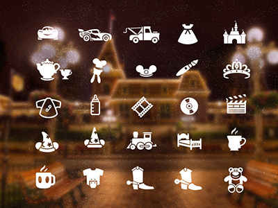 Disney Icon Set 2 baby bed bottle cars castle coffee diaper disney disneyland dress film goofy icon icons ot princess story tiara toy train woody