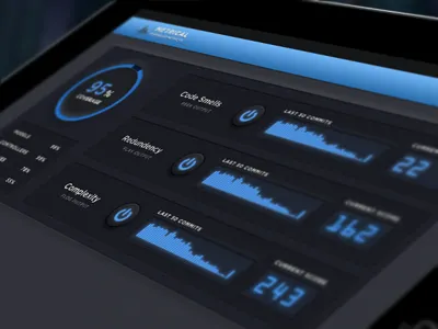 Code metrics app buttons chart dark dashboard dials graph ipad metrics skeuomorphic