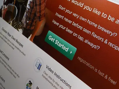 Brew Beer at Home banner brown bubbly button clean design get started header landing orange page simple template web 2.0 website welcome