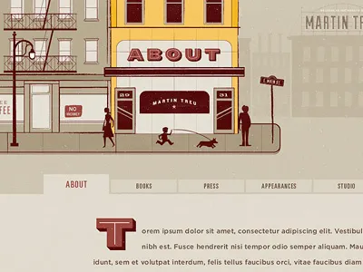 Martin Treu Website brown dog drop cap main street martin treu navigation pedestrians projekt projekt inc. red scotty reifsnyder sean costik signage typography website yellow