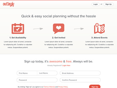 Homepage clean events form home homepage icons light login outingly sign up ui ux
