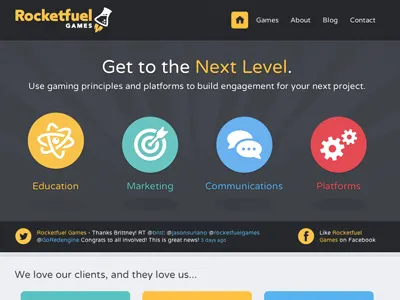 Rocketfuel Games Website clean colorful grey icons minimal modern textures website