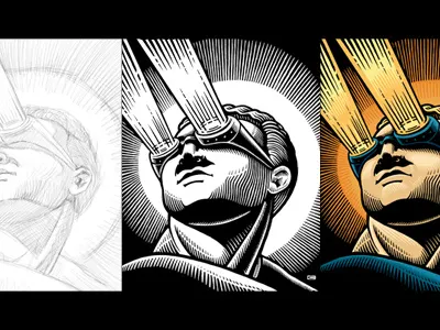 Visionman Process color digital illustration industrial scratchboard sketch