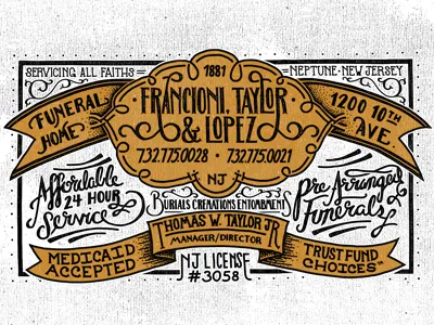 Francioni, Taylor & Lopez Funeral Home Pt. 2 apparel custom flourish handmade label lettering ornamentation type typography victorian vintage