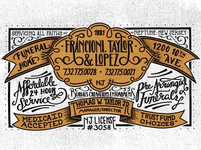 Francioni, Taylor & Lopez Funeral Home Pt. 2 apparel custom flourish handmade label lettering ornamentation type typography victorian vintage