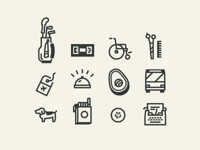 Icon work avocado bell bus cigarettes comb cucumber dog golf icons scissors tag typewriter vhs wheelchair