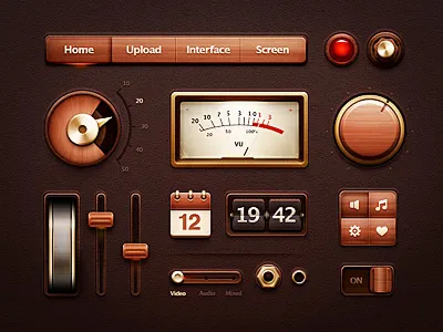 UI Kit arrow button calendar clock flipper glass gold interface kit knob lamp light menu metal navigation screen settings sound steampunk switcher ui volume vu watch wood