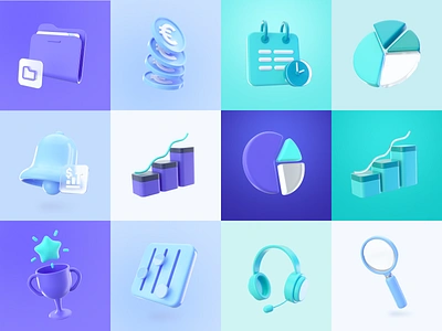 Optio: 3D Icons 3d 3d icons bell blue calendar chart coins fintech fintech 3d fintech icons folder headphones icons optio properly purple trophy turquoise