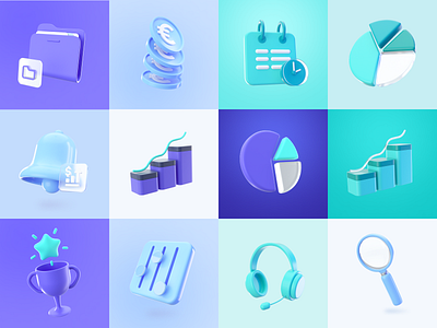 Optio: 3D Icons 3d 3d icons bell blue calendar chart coins fintech fintech 3d fintech icons folder headphones icons optio properly purple trophy turquoise