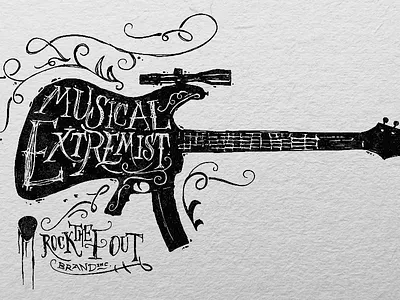 Musical Extremist black design done etching extreme extremist flourish guitar gun hand illustration lettering ligature logo music pick print rifle scope screen screenprint shirt string t trigger tune tuner type typography woodcut