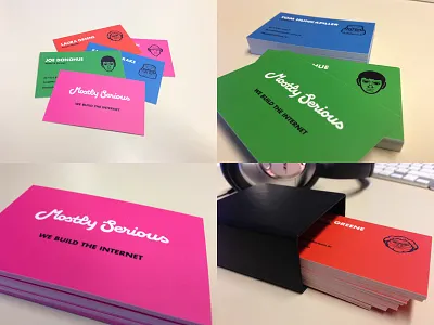 Mostly Serious Business Cards agency blue bold bright business cards colorful custom type firm futura green illustrations k layout logo moo mostly serious orange paper photo pink playful script
