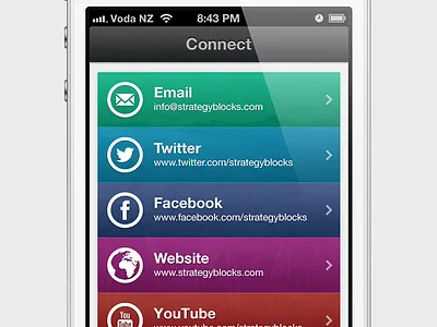 StrategyBlocks connect app connect email facebook interface ios iphone navigation network retina social social network twitter ui user user interface website youtube