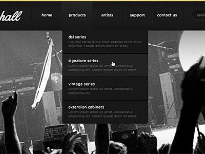 Marshall Redesign black dark design divider dropdown grey gritty guitar inset nav navigation noise rock search web