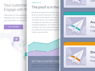 Landing Page UI, Mixpanel Engage Launch data graph icon icons infographic iphone notification orange purple push notification teal