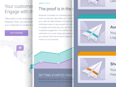 Landing Page UI, Mixpanel Engage Launch data graph icon icons infographic iphone notification orange purple push notification teal