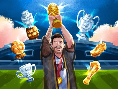 Messi And His Trophy Illustration 🇦🇷 appreciation argentina champion fifa football goat gold illustration legend lionel messi medal messi mvp qatar 2022 soccer stadium trophy win winner world cup