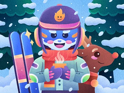 Winter is Coming ❄️ animal character character illustration cute deer design gradient graphic design header hero illustration holiday illustration procreate ski snow tiger tree winter