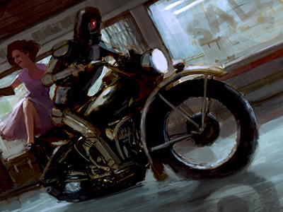 Bot On Bike character design concept art illustration