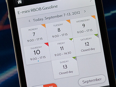 Week view app button calendar data date day futures interface ios iphone mobile month options product skeuomorphism stocks trading week