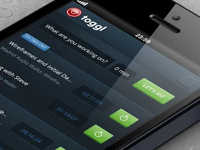 Toggl iPhone Timer App 5 app blue buttons dark iphone management time tracking timer timer app toggl ui user interface work work management
