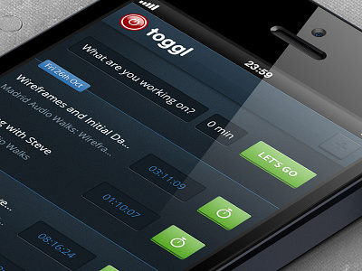 Toggl iPhone Timer App 5 app blue buttons dark iphone management time tracking timer timer app toggl ui user interface work work management