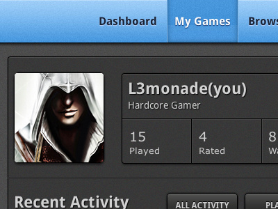 New Header app blue button follow games gaming menu nav ui video games web app